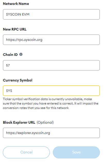 Syscoin configuration in Metamask