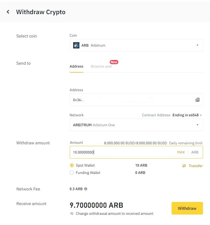 ARB withdraw from Binance